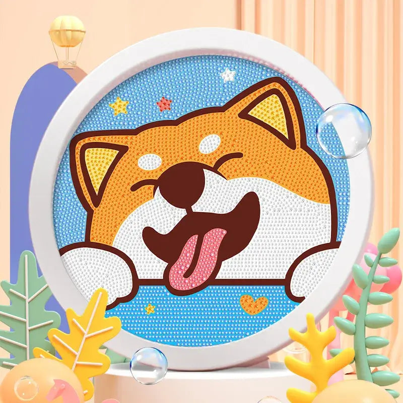 Visage de shiba inu orange et blanc joyeux en peinture diamant enfant avec tableaux diamant ronds en strass scintillants