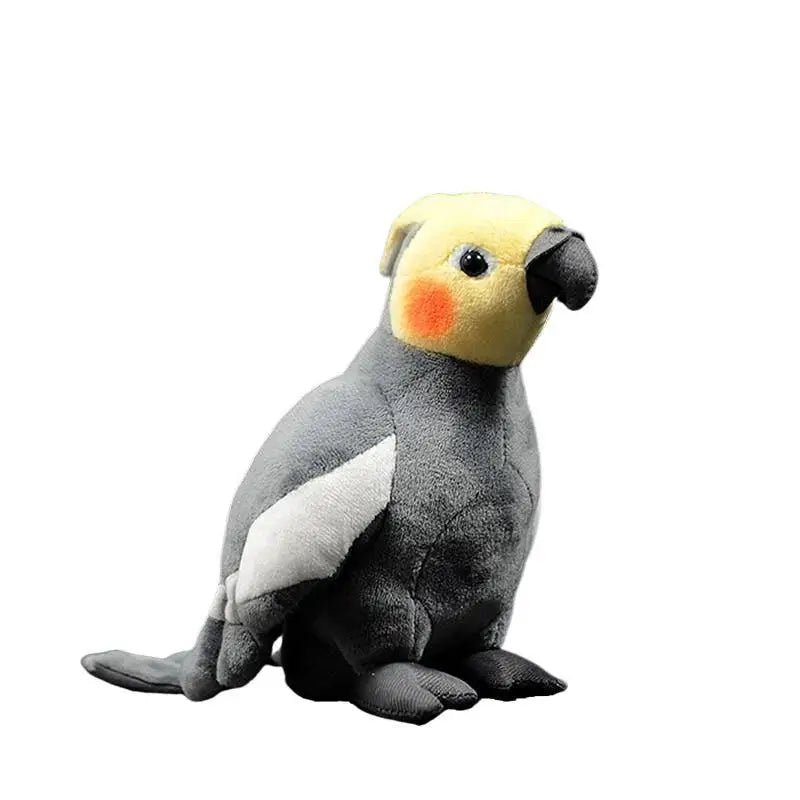 Peluche animal perruche calopsitte 18cm douce et moelleuse avec tête jaune joue orange et corps gris aux ailes blanches