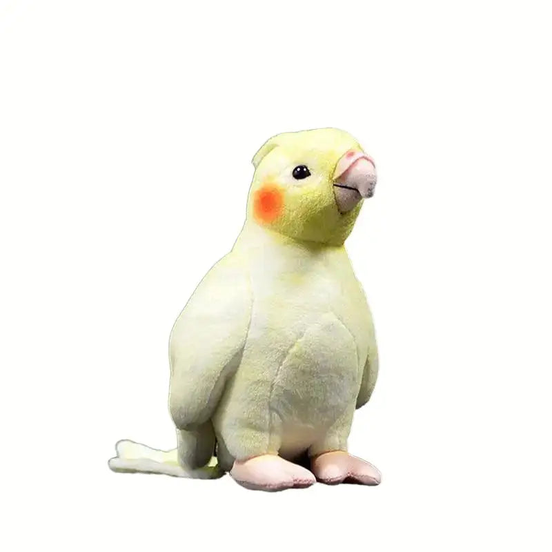 Peluche animal perruche calopsitte 18cm douce jaune pâle avec tache orange vif sur la joue et bec rose