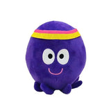 Peluche anime hey duggee pieuvre violette en peluche avec bandeau jaune et rose yeux blancs visage souriant peluches hey duggee