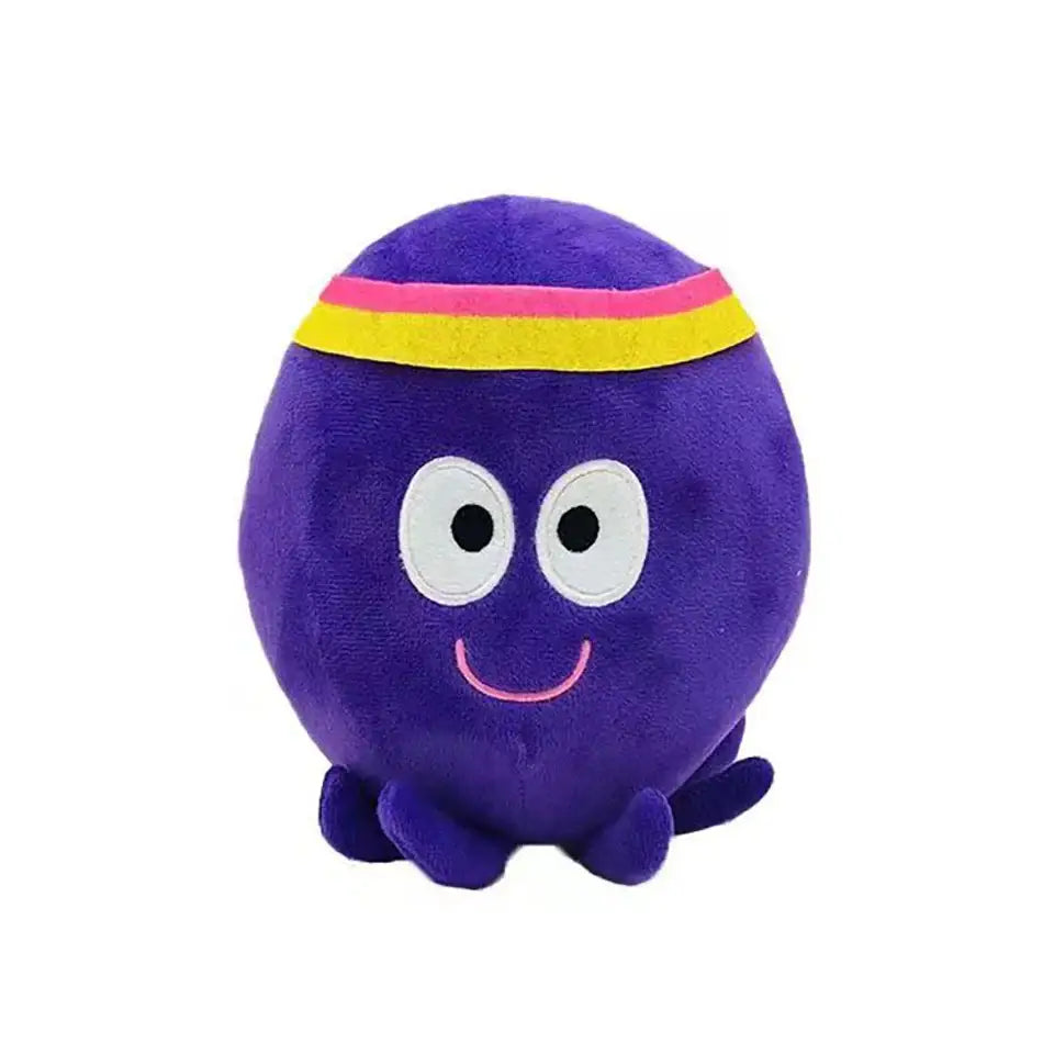 Peluche anime hey duggee pieuvre violette en peluche avec bandeau jaune et rose yeux blancs visage souriant peluches hey duggee