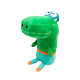 Peluche anime hey duggee crocodile vert avec lunettes bleues, ceinture orange et jambes turquoise, peluches hey duggee