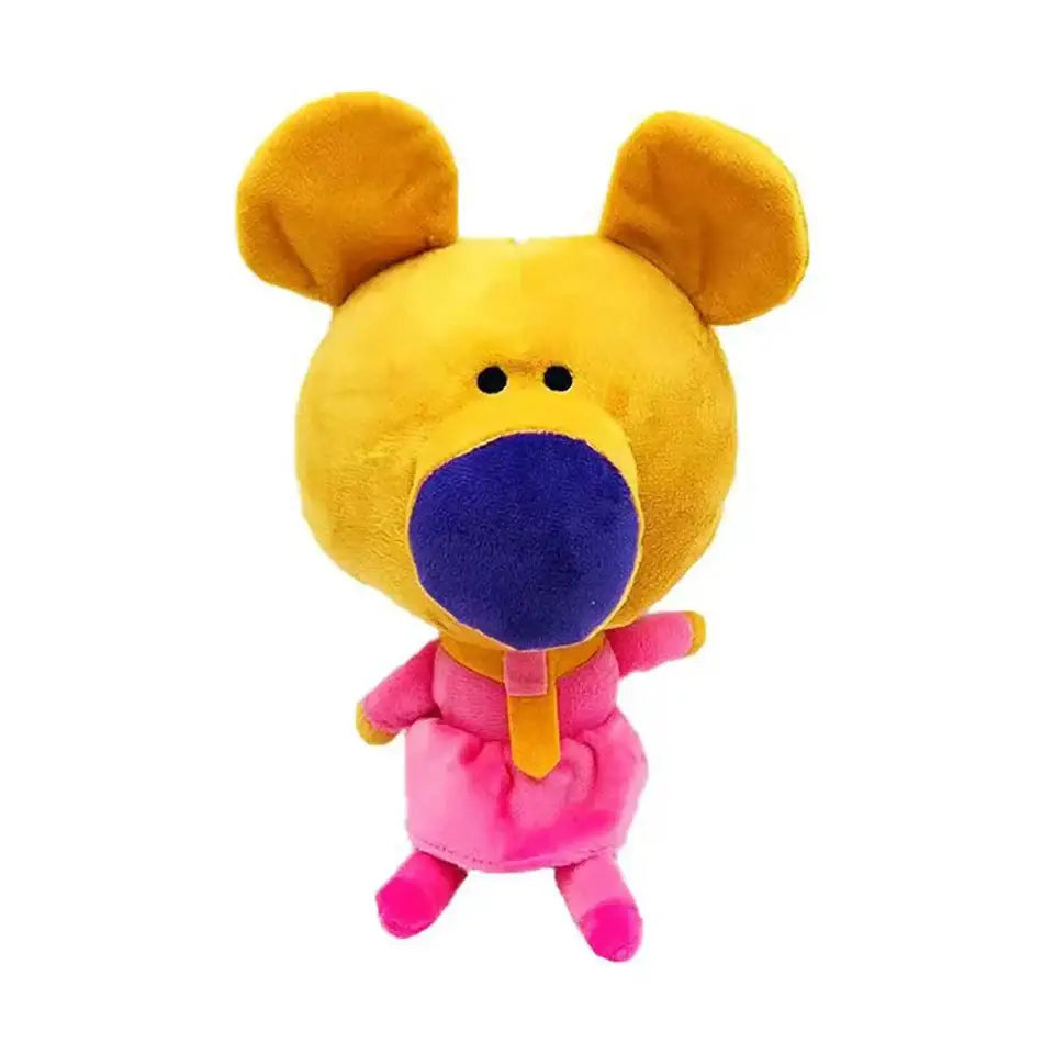 Peluche anime hey duggee peluche jaune avec nez violet et tenue rose pour collection peluches hey duggee