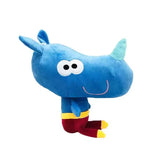 Peluche anime hey duggee rhino bleu avec corne teal yeux blancs et pantalon rouge à rayures jaunes peluches hey duggee