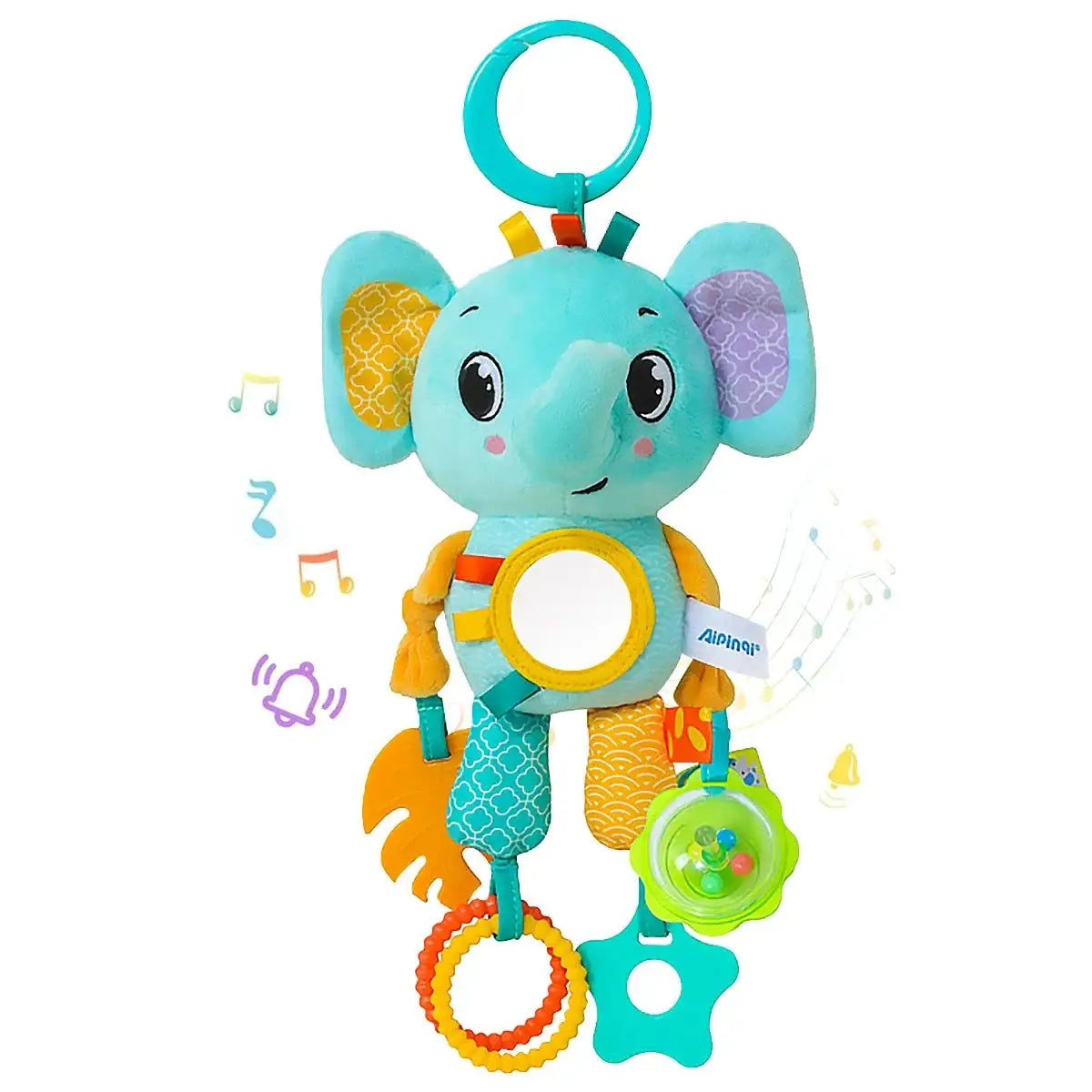 Peluche anneaux de dentition bébé éléphant turquoise avec oreilles à motifs miroir jaune et anneaux dentition bebe colorés suspendus