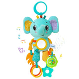 Peluche anneaux de dentition bébé éléphant turquoise avec oreilles à motifs miroir jaune et anneaux dentition bebe colorés suspendus