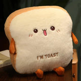 Peluche biscotte toast mignonne en tissu confortable avec yeux brodés, langue rose et pieds orange en peluche douce