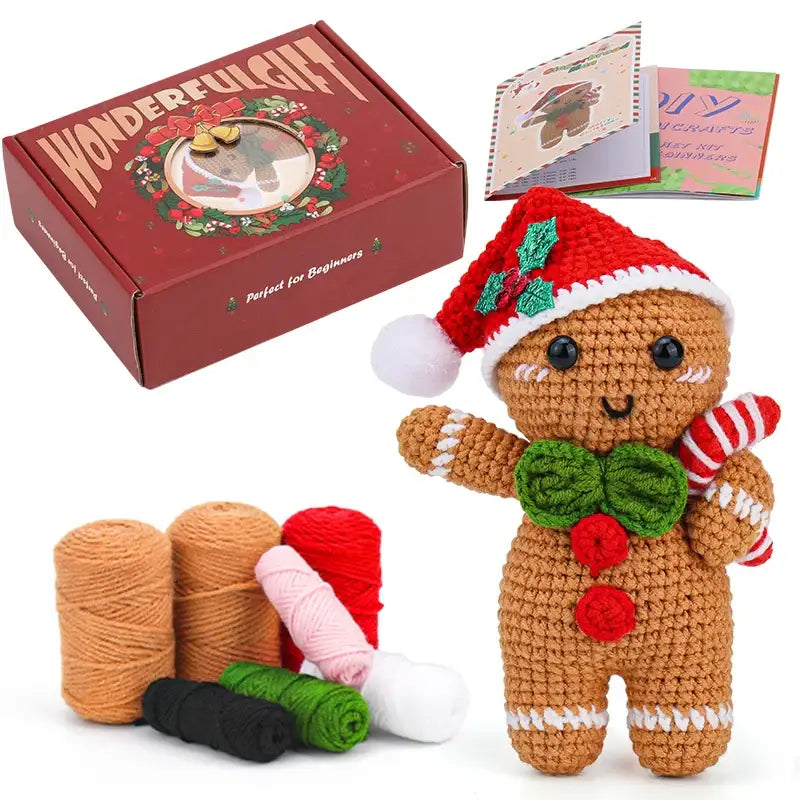 Peluche crochet bonhomme pain d’épice avec bonnet rouge, nœud vert et canne à sucre pour déco noel