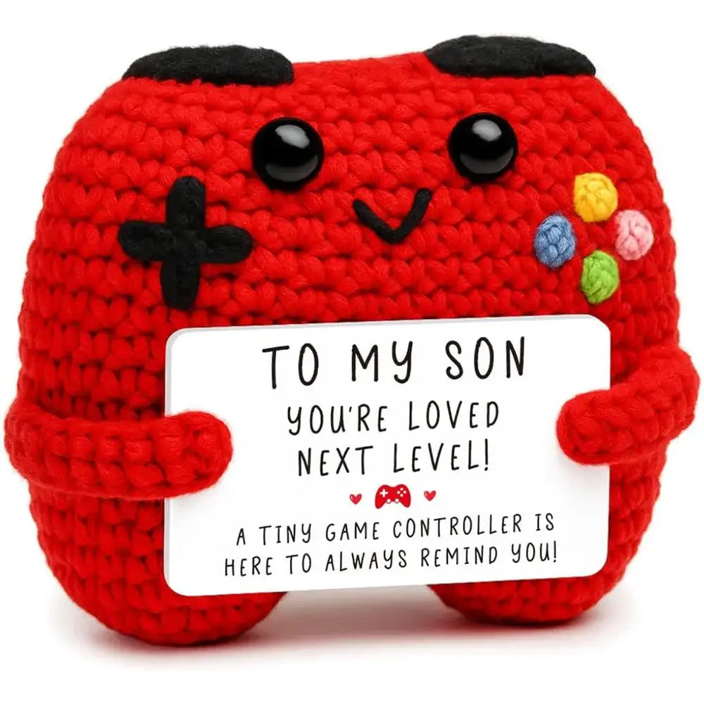 Peluche crochet manette de jeu rouge avec boutons noirs et joystick coloré idéale pour message personnalisé yeux brillants