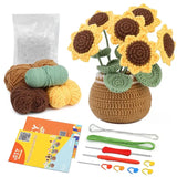 Bouquet de fleurs peluche crochet jaune en pot marron avec pétales jaunes et centres marron foncé peluche pot de fleur