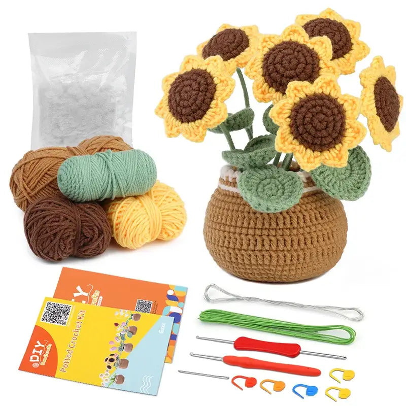 Bouquet de fleurs peluche crochet jaune en pot marron avec pétales jaunes et centres marron foncé peluche pot de fleur