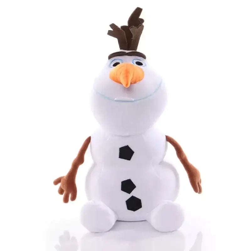 Peluche disney olaf blanche avec cheveux brun en forme de bois de cerf nez carotte orange boutons hexagonaux noirs capture lesprit joyeux et magie hivernale