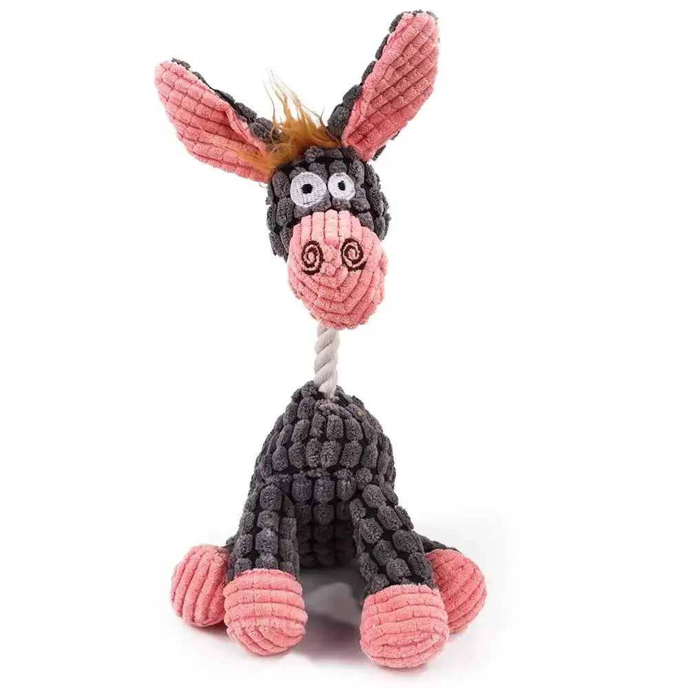 Peluche animale en velours côtelé grise pour chiens avec oreilles roses nez et poignée en corde pour morsures