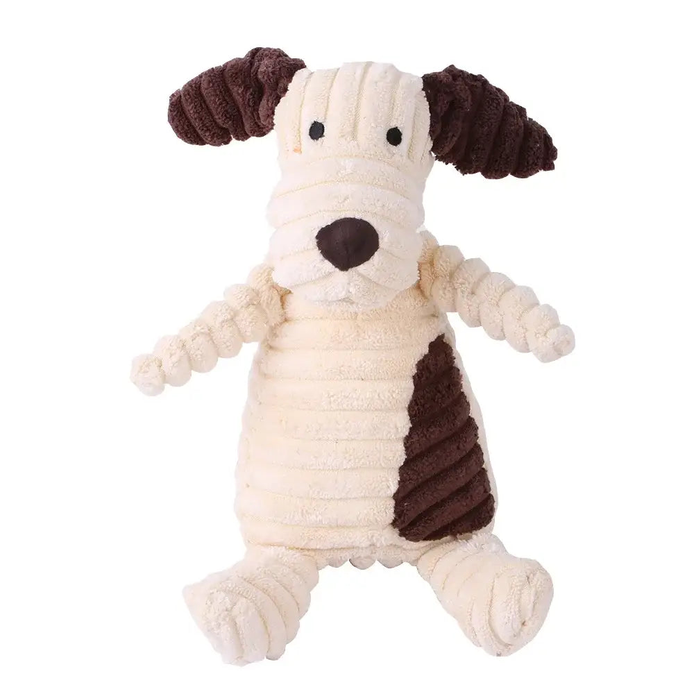 Peluche animale chien en velours côtelé crème et marron avec sifflet intégré idéale aux morsures