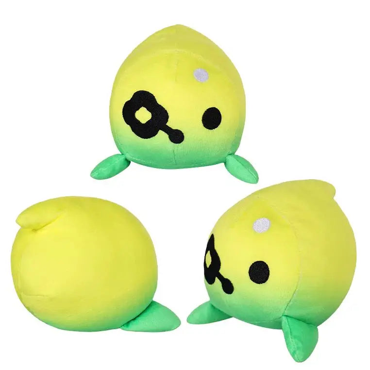 Peluche zelda anime jaune et verte en dégradé avec visage noir et blanc pour jeu vidéo et décoration elfe