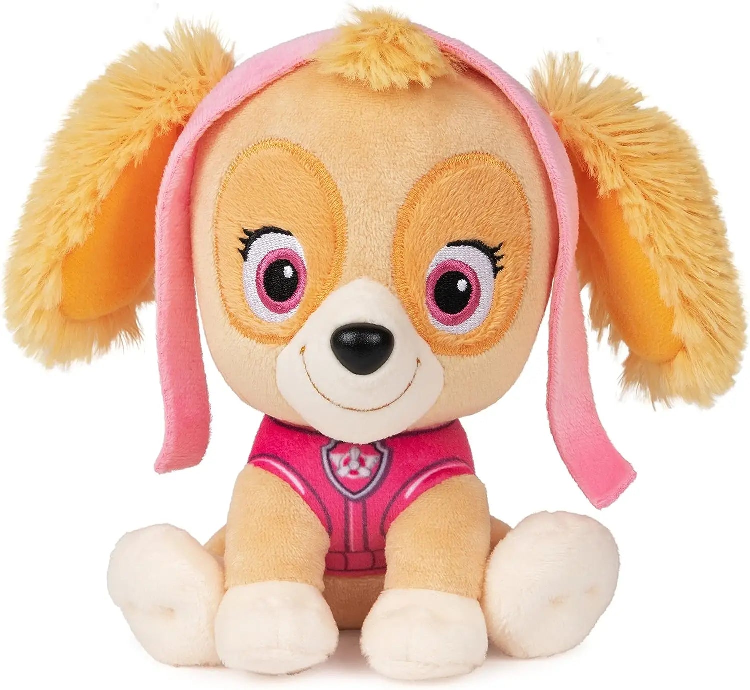 Peluche la patpatrouille paw patrol de skye avec fourrure beige, oreilles roses, bandeau et gilet rose signature