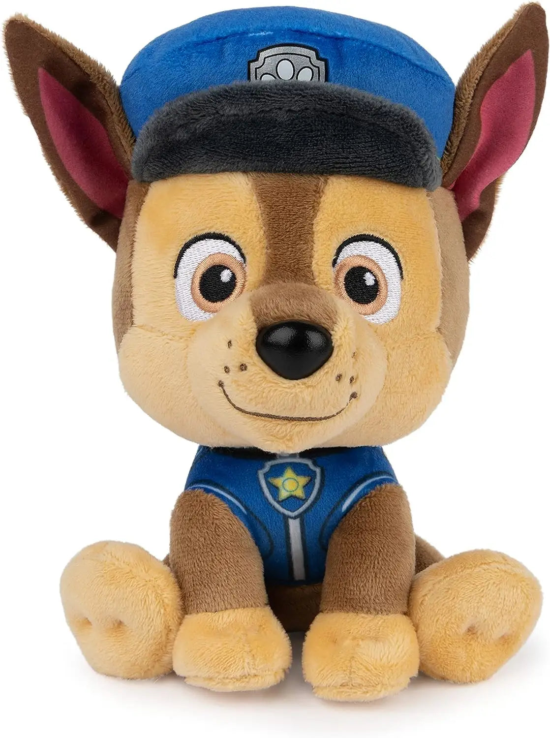 Peluche la patpatrouille paw patrol chase avec fourrure beige et marron, yeux brodés, casquette et gilet bleu à étoile jaune