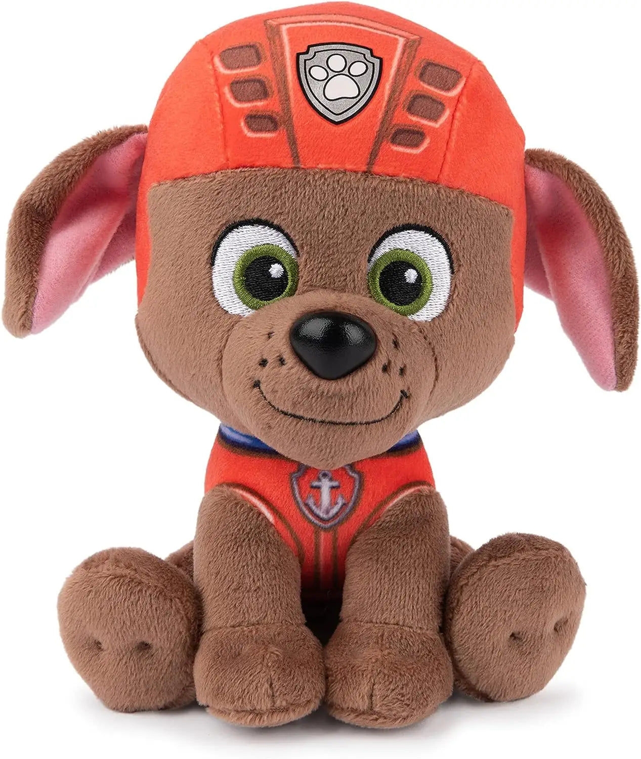 Peluche la patpatrouille paw patrol doudou marron avec casque orange et gilet rouge avec embleme patte argent l’univers palpitant