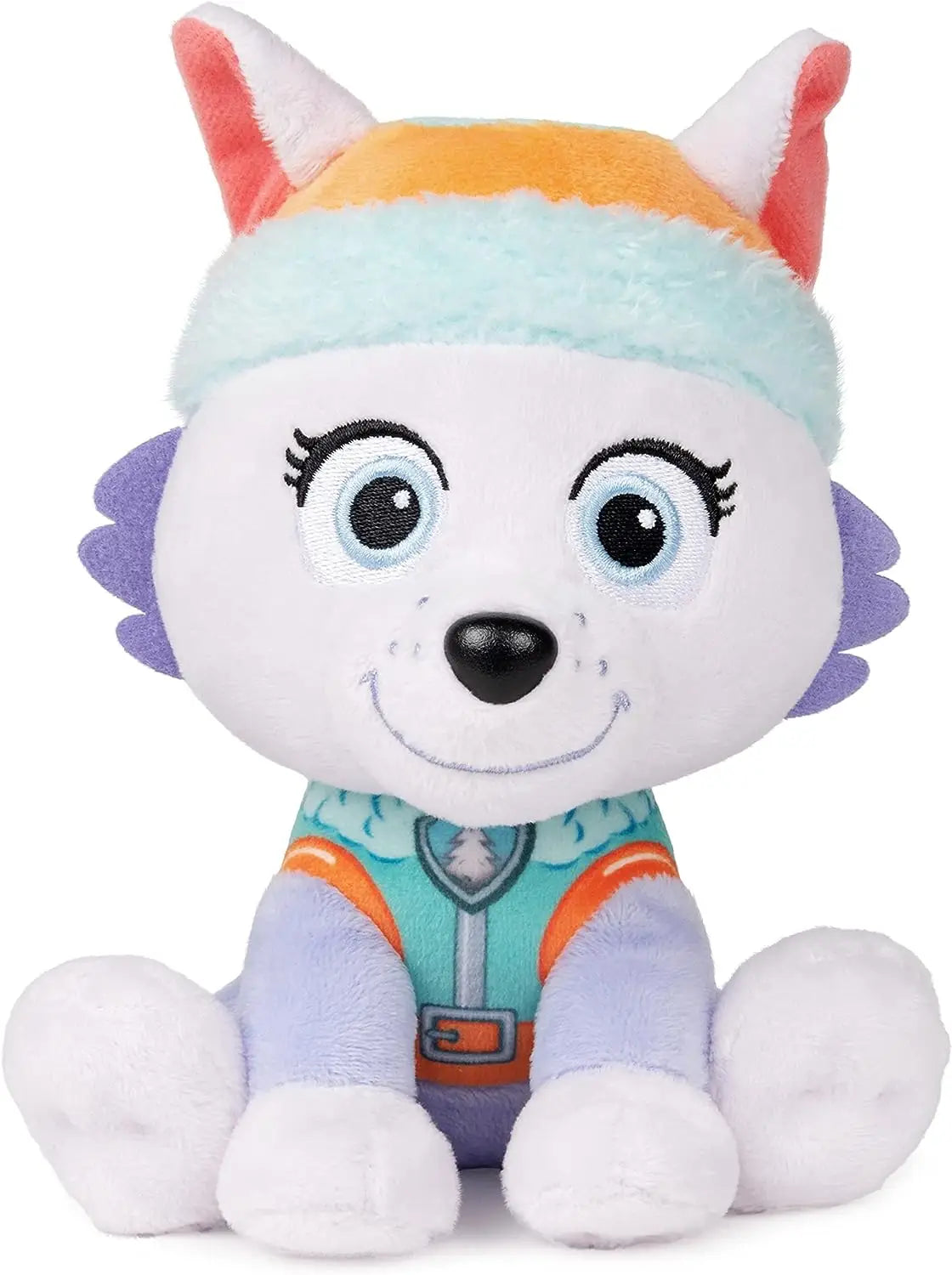 Peluche la patpatrouille paw patrol everest blanc avec oreilles violettes bonnet hiver orange bleu et gilet teal