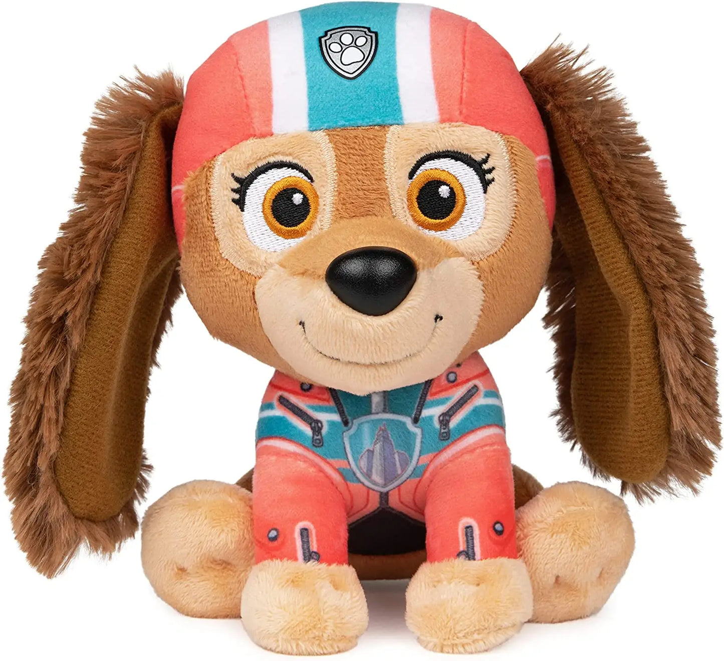 Peluche la patpatrouille paw patrol de skye en peluche marron avec casque rouge et combinaison pilote rose dans lunivers palpitant