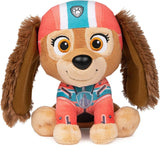 Peluche la patpatrouille paw patrol de skye en peluche marron avec casque rouge et combinaison pilote rose dans lunivers palpitant
