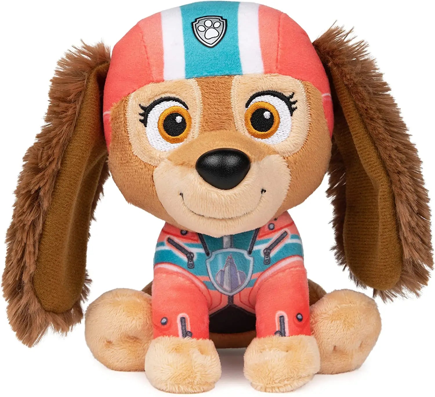 Peluche la patpatrouille paw patrol de skye en peluche marron avec casque rouge et combinaison pilote rose dans lunivers palpitant