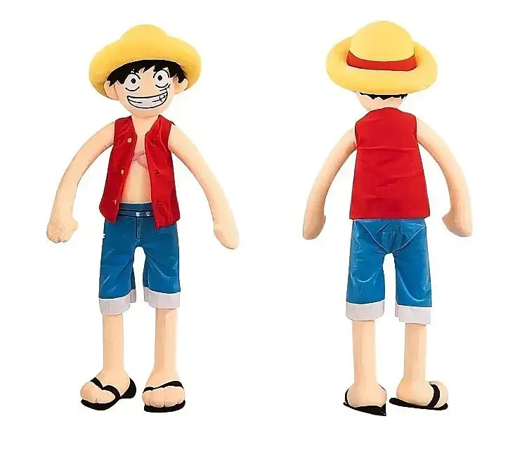Peluche one piece luffy long bras portant un chapeau de paille jaune avec bande rouge, gilet rouge et short bleu