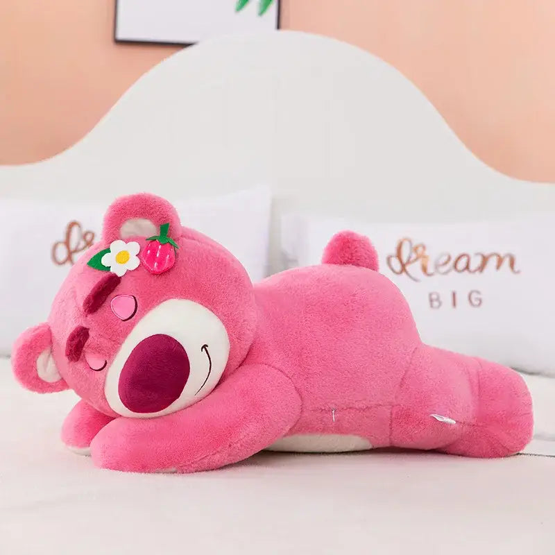 Peluche ours rose avec décoration fraise et fleur allongée pour enfant peluche ours grand confortable
