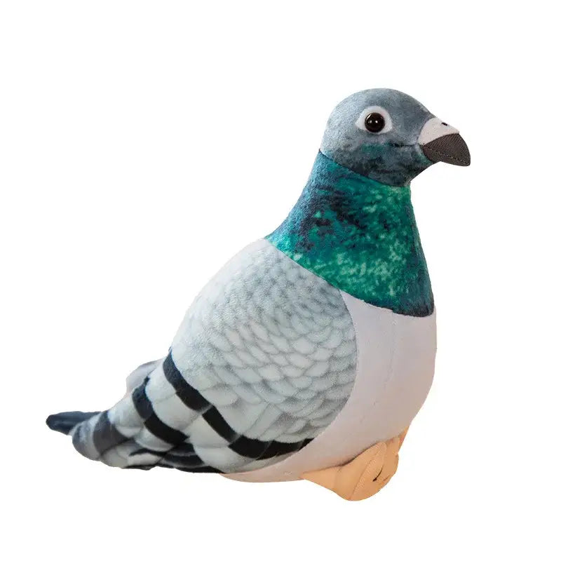 Peluche pigeon mignon gris bleu avec tête grise, cou bleu-vert et ailes rayées noires, parfait pour déguisement carnaval