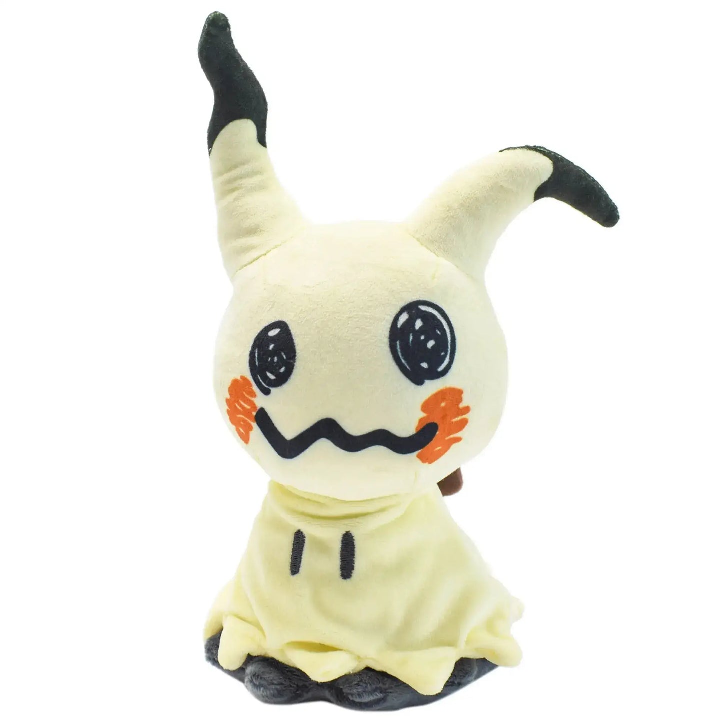 Peluche pokémon mimiqui en tissu crème avec oreilles noires, joues orange et sourire brodé, modèle mimiqui mimikyu
