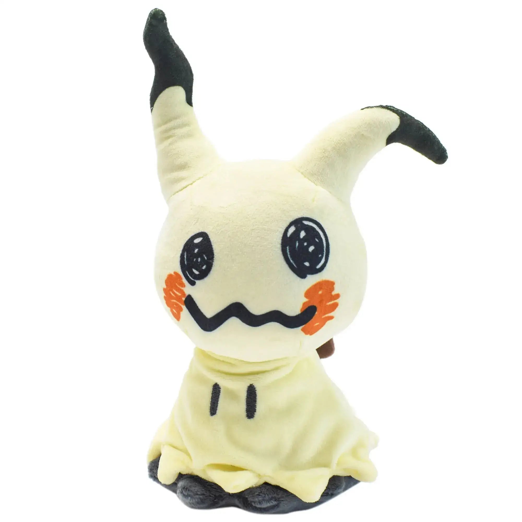 Peluche pokémon mimiqui en tissu crème avec oreilles noires, joues orange et sourire brodé, modèle mimiqui mimikyu