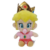 Peluche princesse peach bébé en tenue rose avec cheveux jaunes et couronne or de la collection officielle peach daisy rosalina découvrez