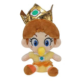 Peluche princesse peach bébé daisy aux yeux bleus en robe jaune avec couronne dorée de la collection officielle découvrez