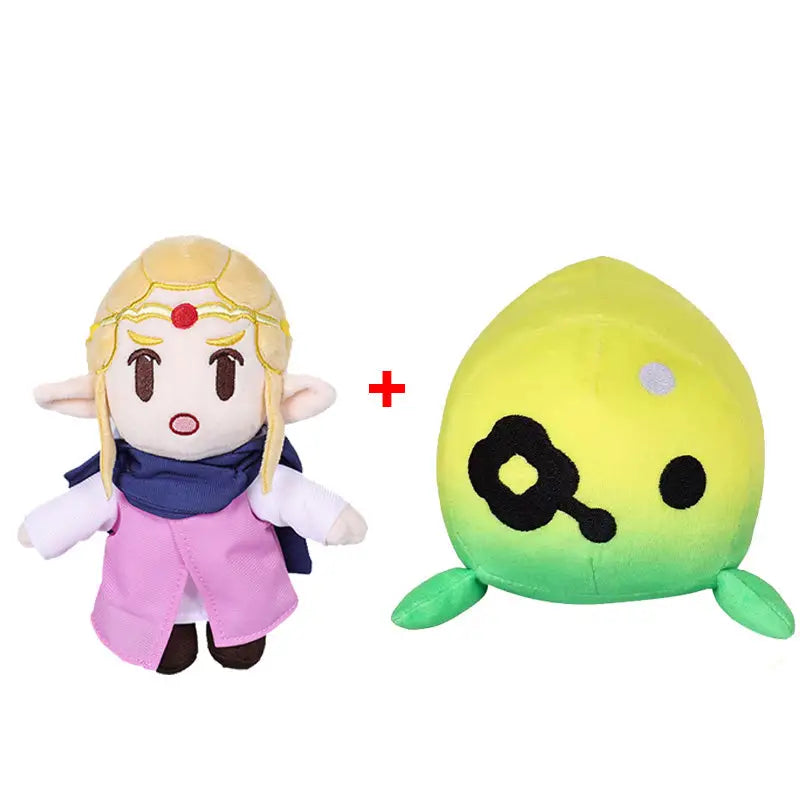 Peluche zelda anime jaune et verte en dégradé avec yeux noirs, point blanc sur la tête et deux petits pieds, jeu vidéo Zelda et elfe