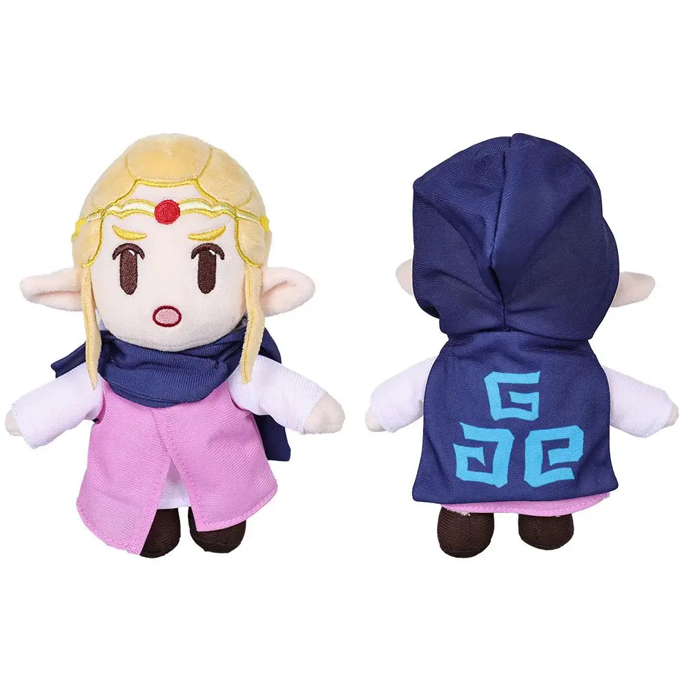 Peluche zelda anime avec cheveux blonds, point rouge front, jupe rose et cape bleue à symbole triforce clair