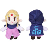 Peluche zelda anime avec cheveux blonds, point rouge front, jupe rose et cape bleue à symbole triforce clair