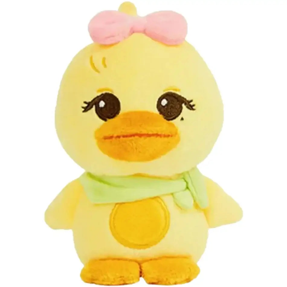 Peluche animaux mignons kpop canard jaune doux avec noeud rose et écharpe verte en peluche animaux mignons