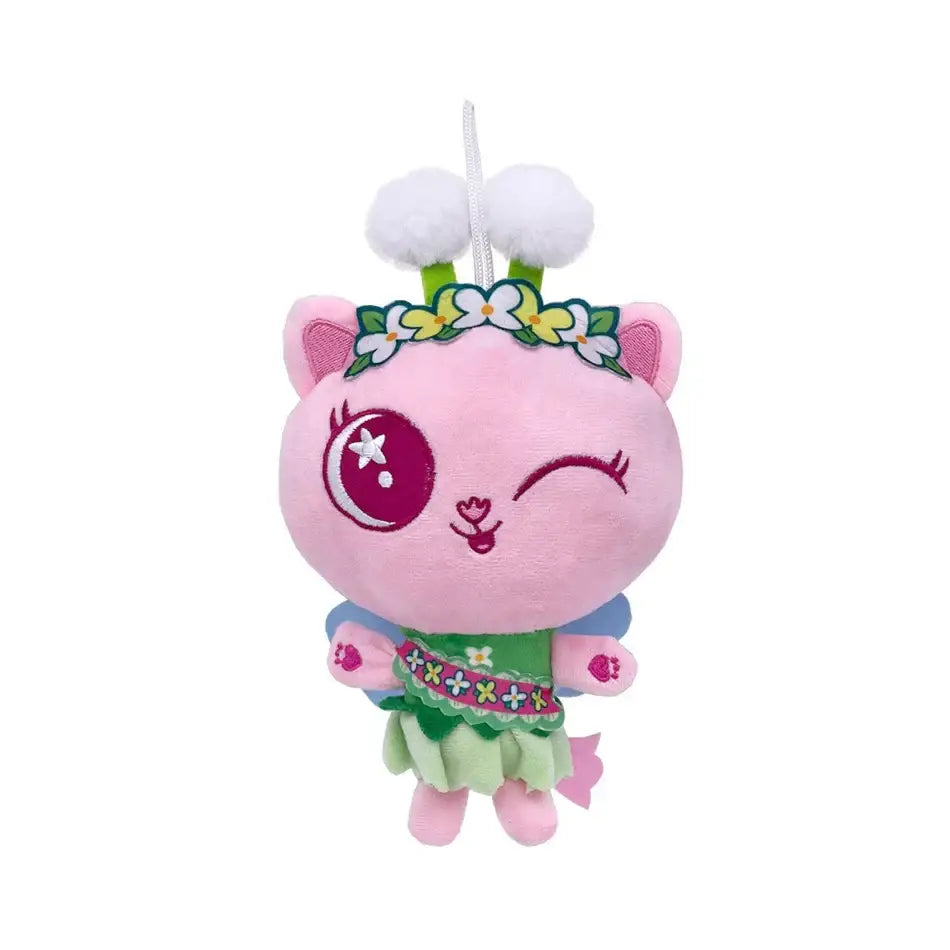 Peluches gabby chat pandy peluche rose avec couronne florale brodée et jupe verte motifs maison magique aux enfants