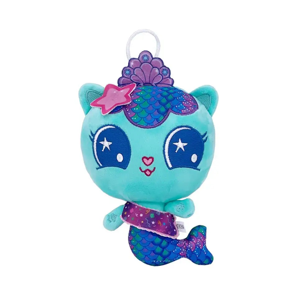 Peluche gabby chat pandy turquoise avec yeux étoilés bleus nez cœur rose et écailles scintillantes pour enfants maison magique