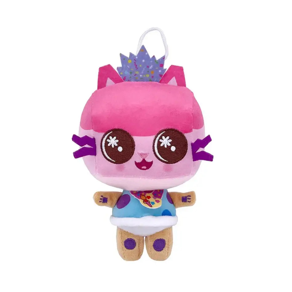 Peluches gabby chat pandy peluche rose avec accents violets, couronne pailletée et tenue à pois bleus pour maison magique aux enfants