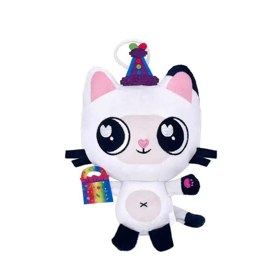 Peluches gabby chat pandy en peluche blanche avec accents noirs et chapeau coloré idéal pour maison magique aux enfants