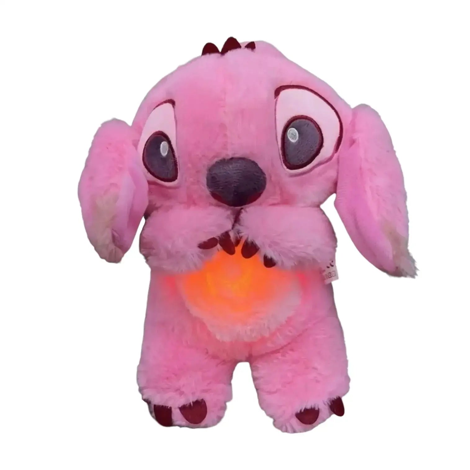 Peluche stitch lumineux angel rose avec ventre lumineux orange et accents violets foncés idéale comme peluche qui respire stitch