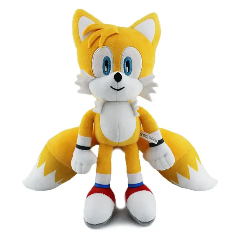 Peluches sonic tails jaune et blanc avec yeux bleus et chaussures rouges ideal pour cadeau idéal du hérisson bleu