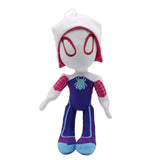 Peluche marvel spiderman spider-gwen avec capuche blanche, tenue violette et emblème araignée bleu-vert peluches super héros