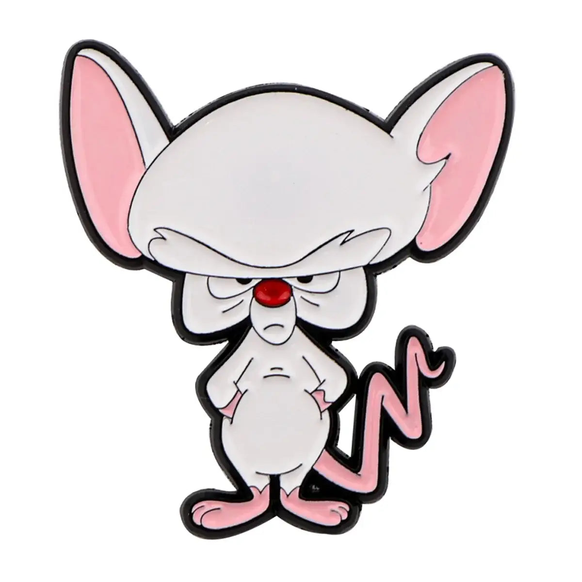 Pin’s cartoon minus dessin animé en forme de souris blanche et rose avec nez rouge et contour noir stylisé