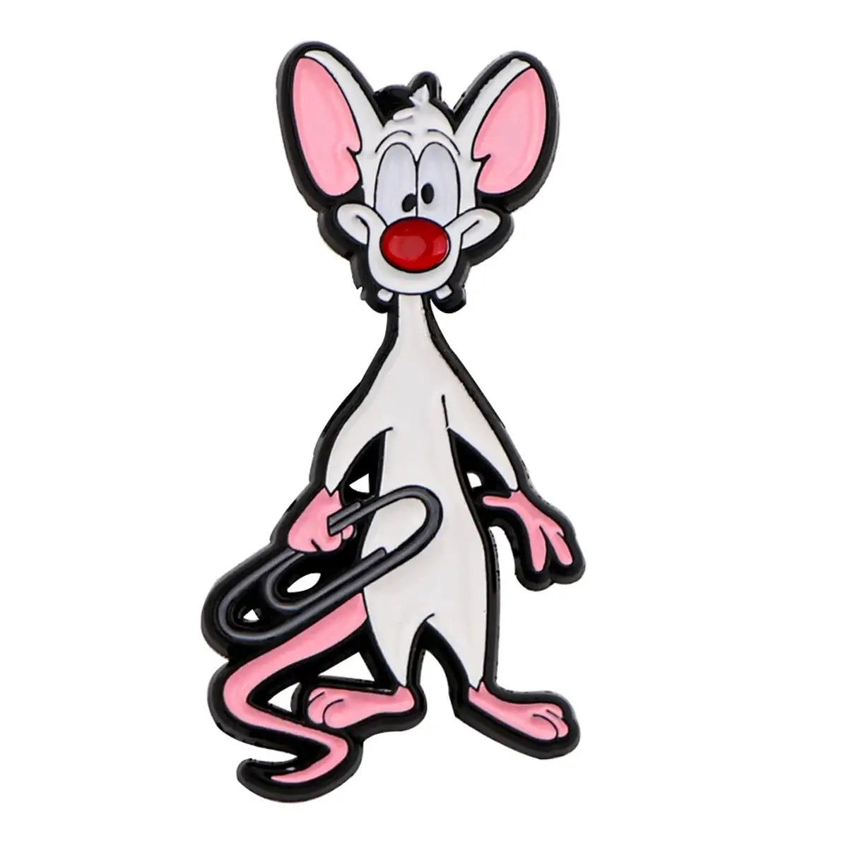 Pin’s cartoon minus un pin en métal représentant une souris blanche aux oreilles roses tenant un trombone noir, dessins animés
