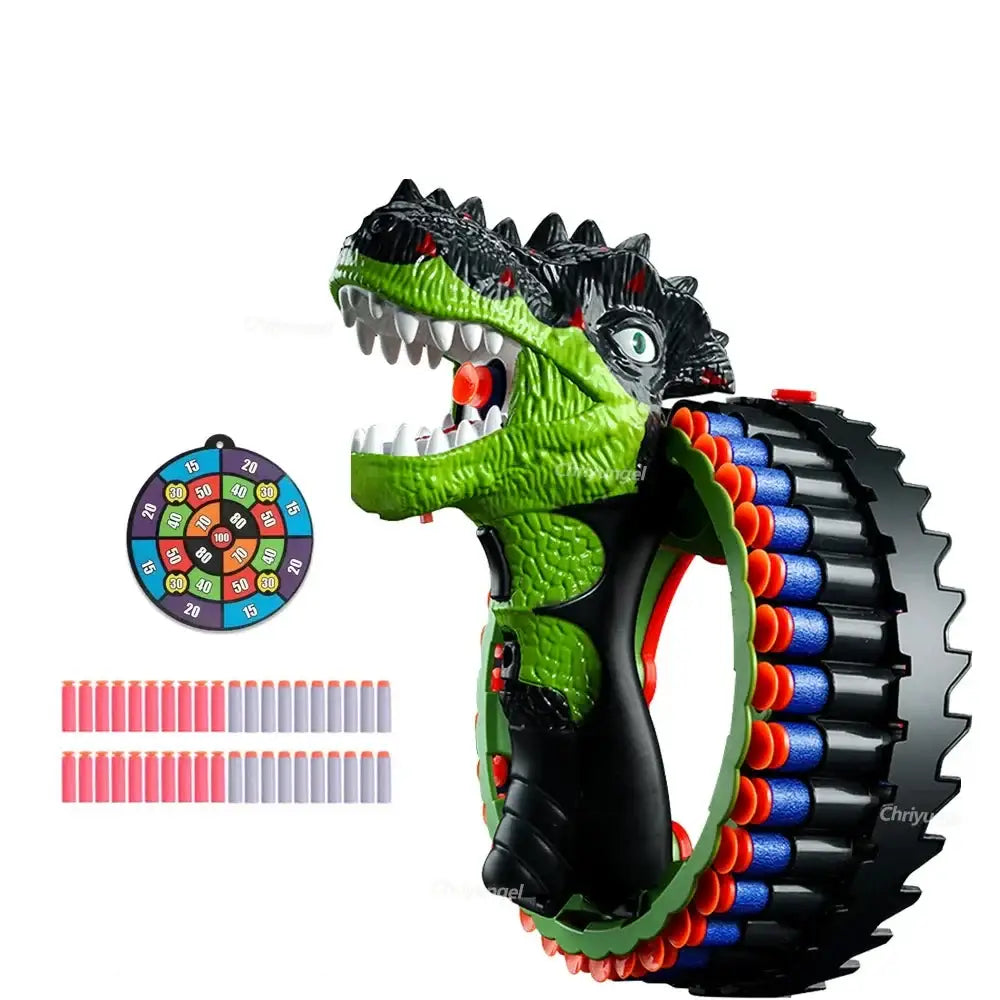 Pistolet à balles souple jouet enfants vert et noir en plastique en forme de dinosaure avec chargeur circulaire et balles souples rechargeable