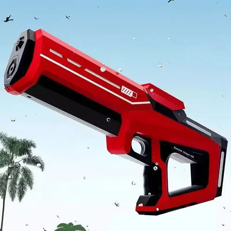 Pistolet à eau électrique automatique rouge et noir avec pompe intégrée et design futuriste en plastique