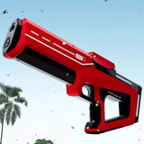 Pistolet à eau électrique automatique rouge et noir avec pompe intégrée et design futuriste en plastique