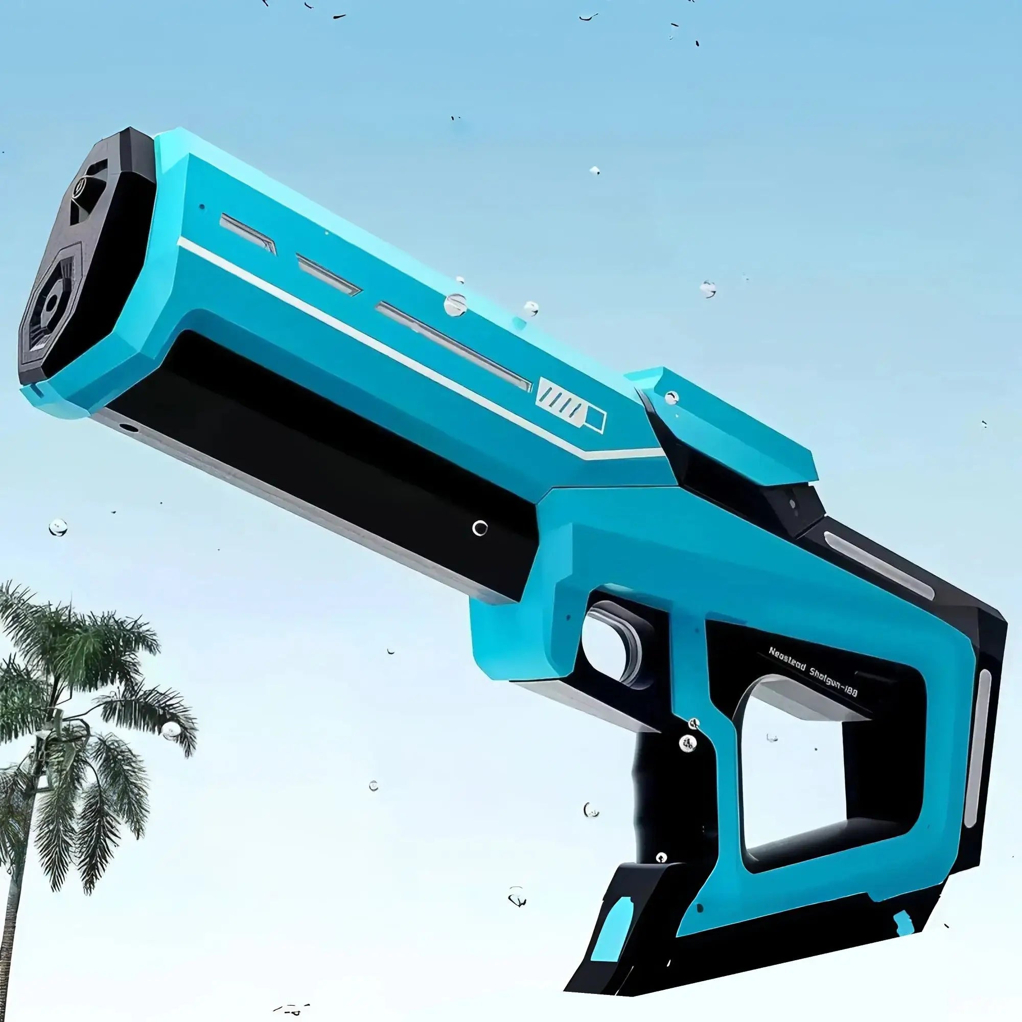 Pistolet à eau électrique automatique turquoise et noir avec pompe intégrée au design futuriste